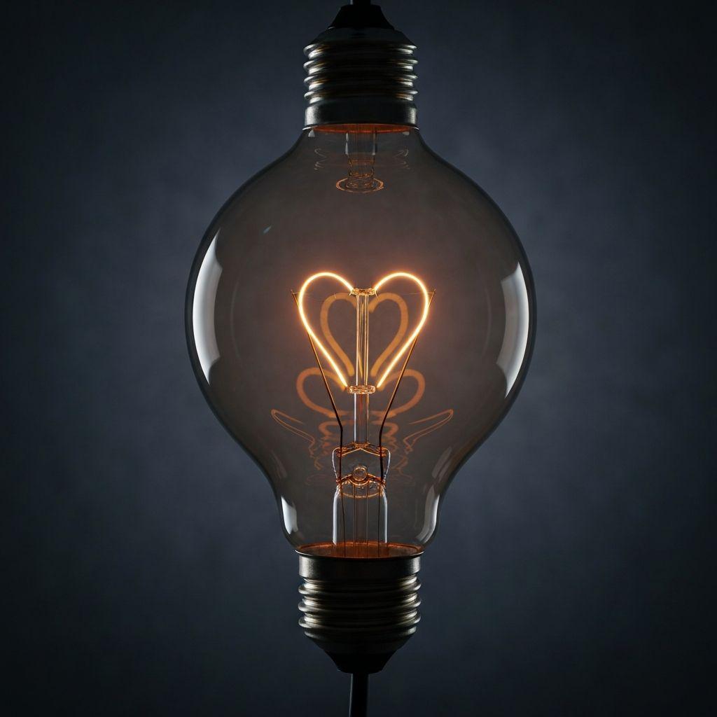 Glowing lightbulb with a heart-shaped filament symbolizing creative ideas